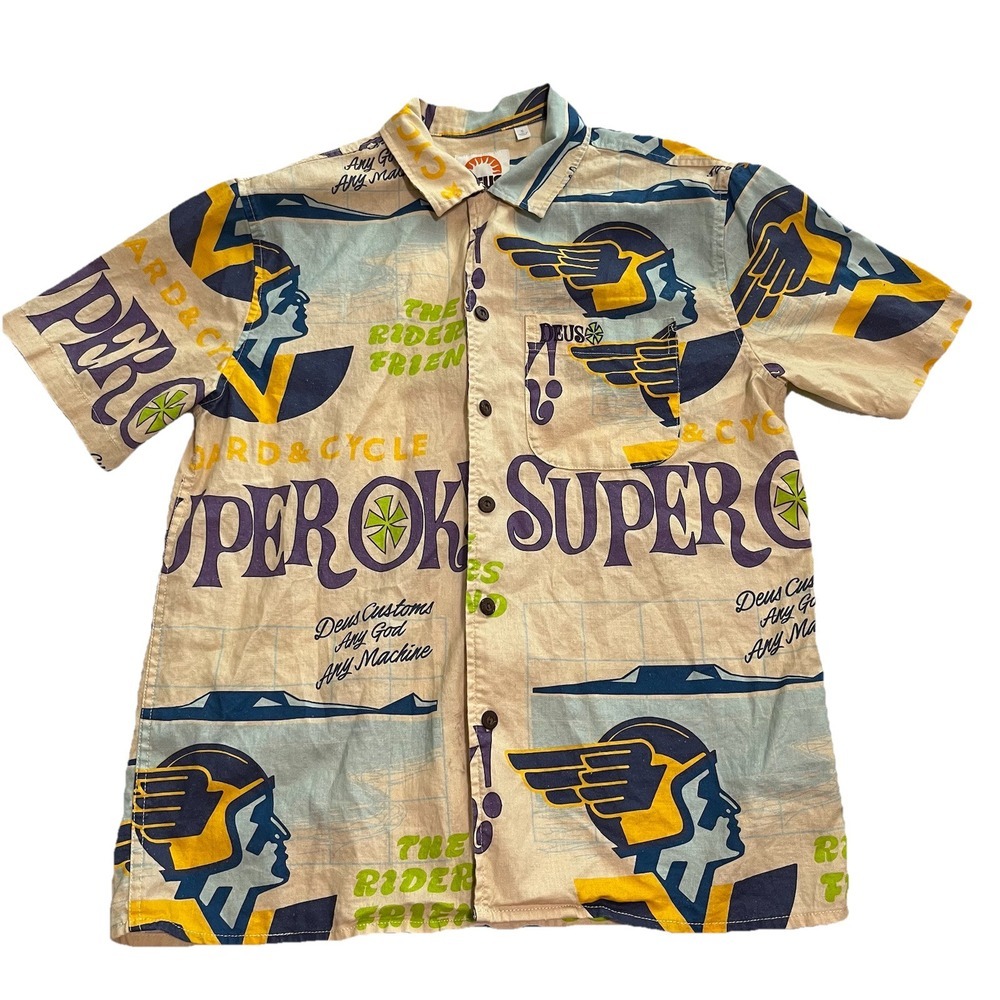Deus Ex Machina Customs Super OK Hawaiian Shirt Riders Hemp Men's Size Small S